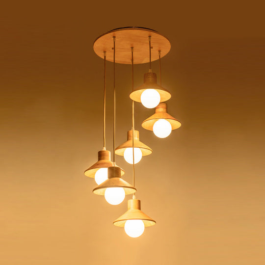 Modern Wooden Pendant Light In Beige For Kid Room - Coolie Shade Hanging With Linear/Round Canopy