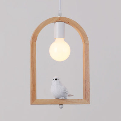 Modern Wood Pendant Lamp With Arch Shelf And Hanging Light In Beige / Bird