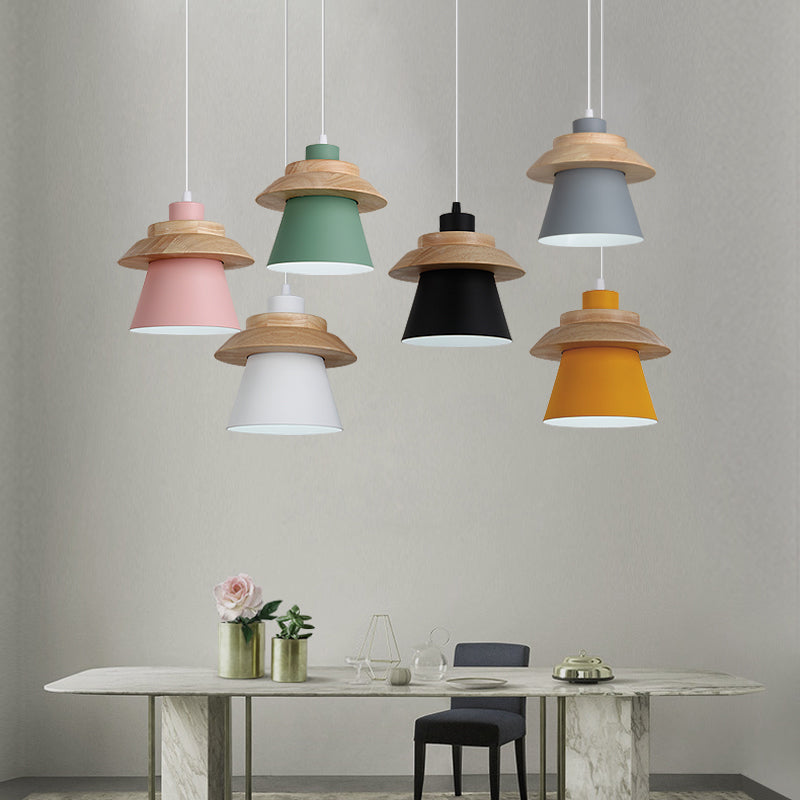 Wooden Asian Style Hanging Pendant Light For Stairways - Coolie Shade With Metal Accents