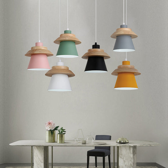 Wooden Asian Style Hanging Pendant Light For Stairways - Coolie Shade With Metal Accents