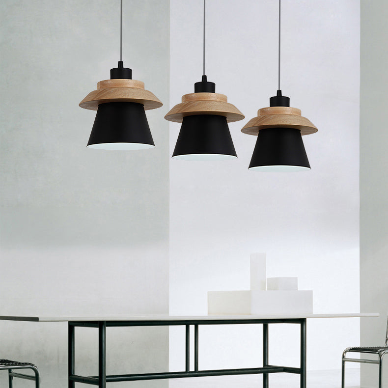 Wooden Asian Style Hanging Pendant Light For Stairways - Coolie Shade With Metal Accents