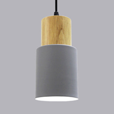 Modern Metal And Wood Pendant Light For Office Or Hallway With 1 Cylindrical Hanging Lamp Grey