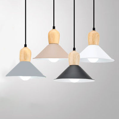 Metal Cone Pendant Light With Wooden Bulb Base - Nordic Style 1 Head Hanging For Office