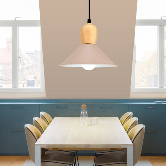 Metal Cone Pendant Light With Wooden Bulb Base - Nordic Style 1 Head Hanging For Office