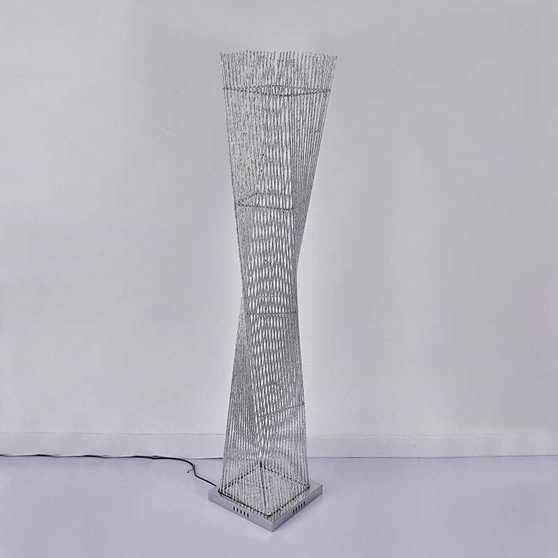 Silver Metal Led Floor Lamp Twisted Cuboid Design For Study Room Décor