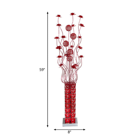 Red Led Flower Décor Floor Lamp - Metal Cuboid Standing Light With Crystal Embellishments