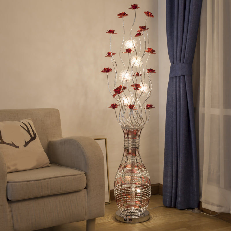 Red Led Tree Floor Lamp With Vase Pedestal - Elegant Aluminum Decorative Reading Light