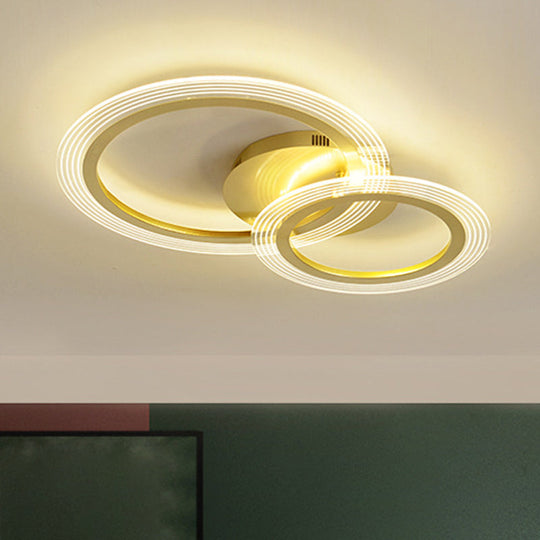 Modern Gold Led Bedroom Ceiling Lamp With Dual Rings - 16’/18’ Wide