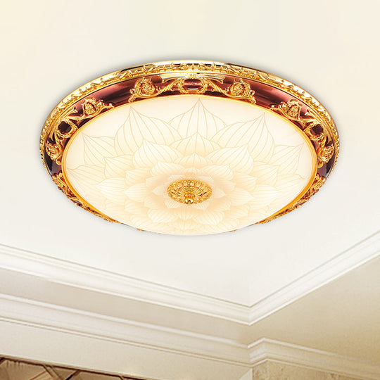 Vintage Gold Led Flush Ceiling Light With Blossom Frosted Glass Bowl - 12.5’/15’/19’ Width