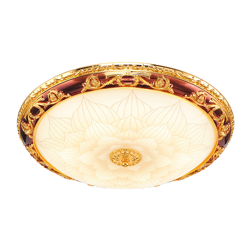 Vintage Gold Led Flush Ceiling Light With Blossom Frosted Glass Bowl - 12.5’/15’/19’ Width