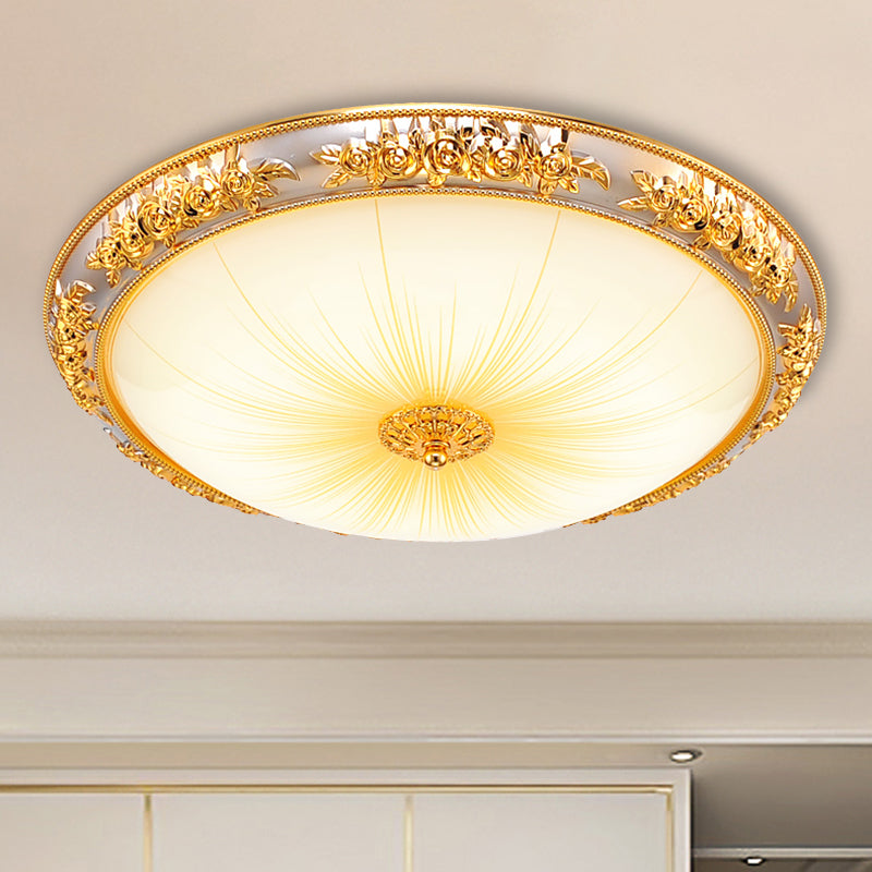 Antique Opal Glass Flush Mount Ceiling Light With Embossed Rose Trim Gold / 12.5