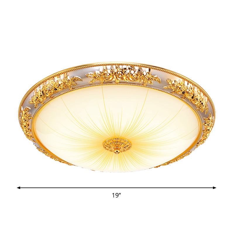 Antique Opal Glass Flush Mount Ceiling Light With Embossed Rose Trim