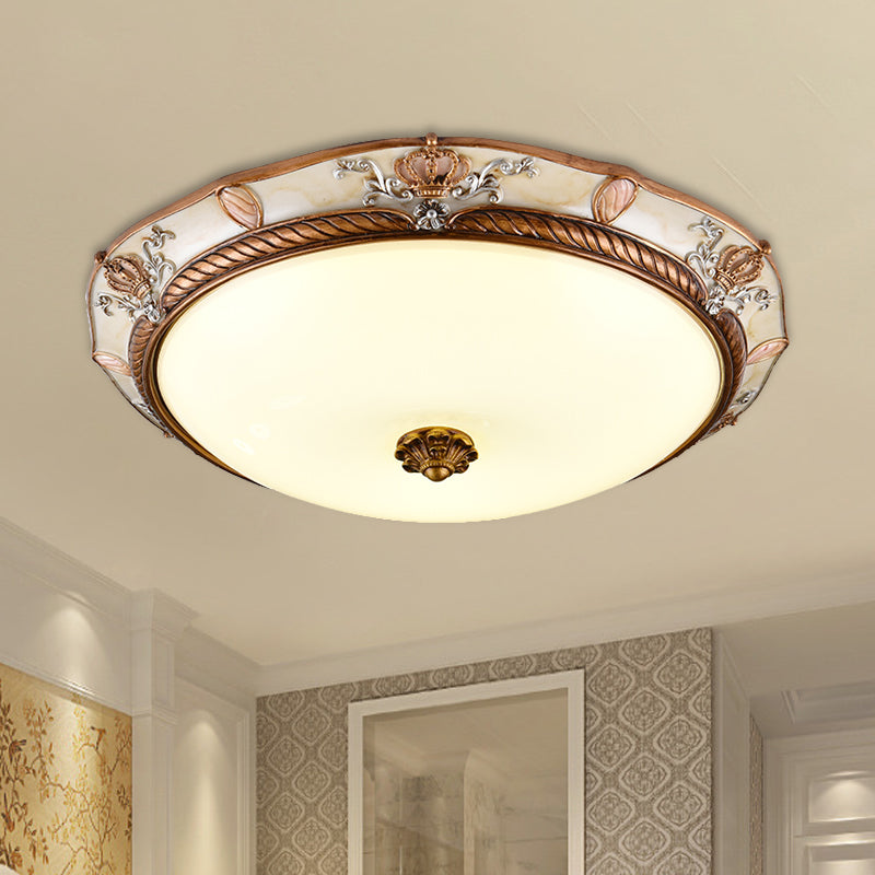 Antiqued Milk Glass Led Flushmount Lamp For Living Room Brown Cap Shape Ceiling Fixture -