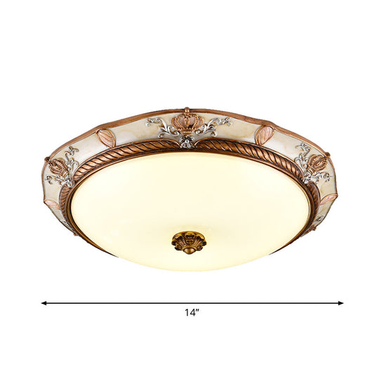 Antiqued Milk Glass Led Flushmount Lamp For Living Room Brown Cap Shape Ceiling Fixture -