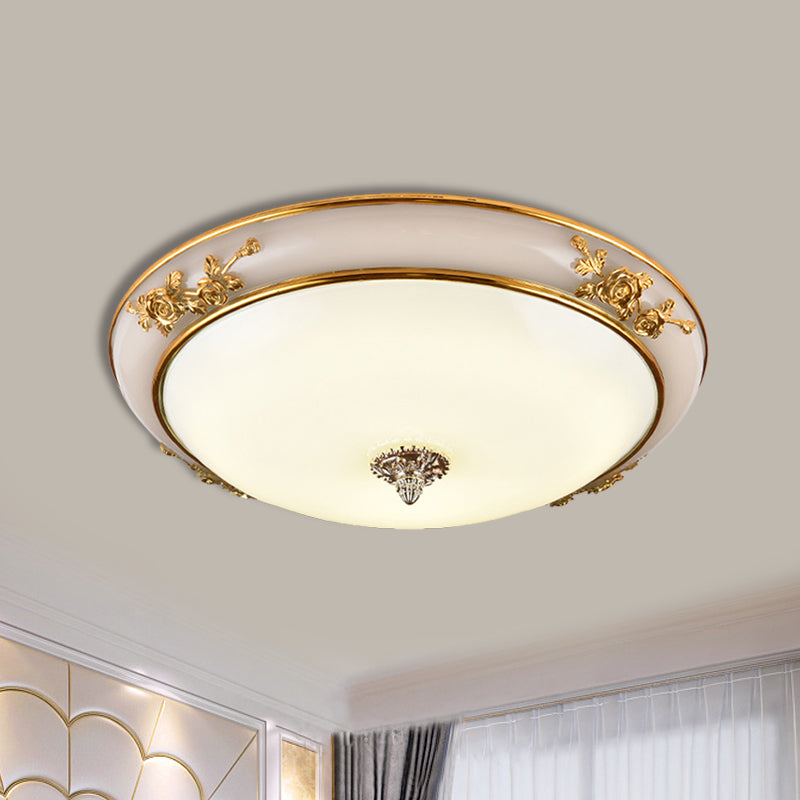 Minimalist Brass Opaline Glass Led Flush Light Fixture - Bowl Shaped Ceiling Lamp 14’/16’/19.5’ Wide