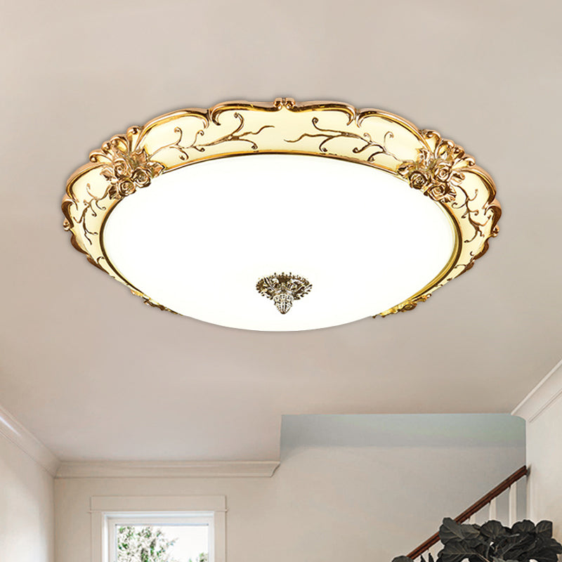 Vintage Brass Scroll Floral Trim Opal Glass Flushmount Led Ceiling Light For Bedroom -