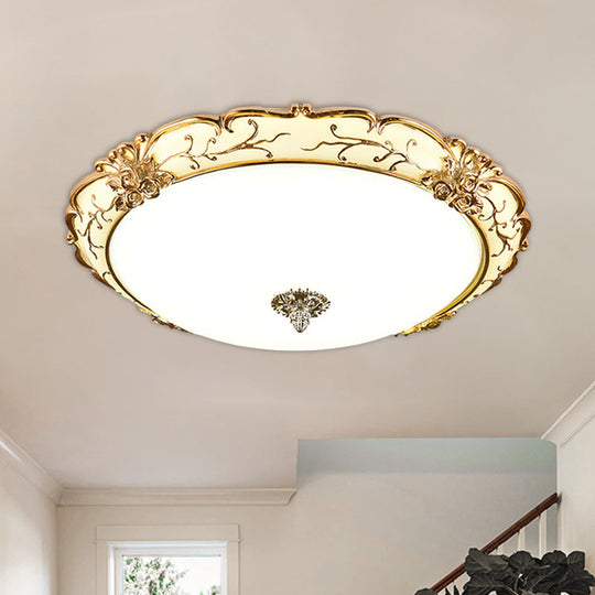 Vintage Brass Scroll Floral Trim Opal Glass Flushmount Led Ceiling Light For Bedroom -