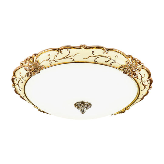Vintage Brass Scroll Floral Trim Opal Glass Flushmount Led Ceiling Light For Bedroom - 14/16/19.5