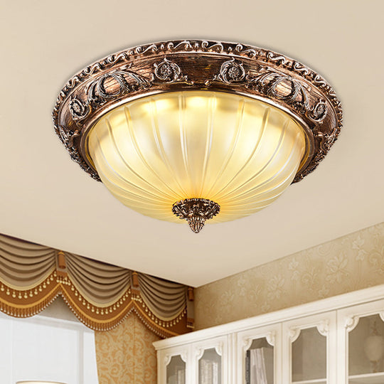 Ribbed Frosted Glass Led Flush Mount Ceiling Light In Traditional Brown - 14/16/19.5