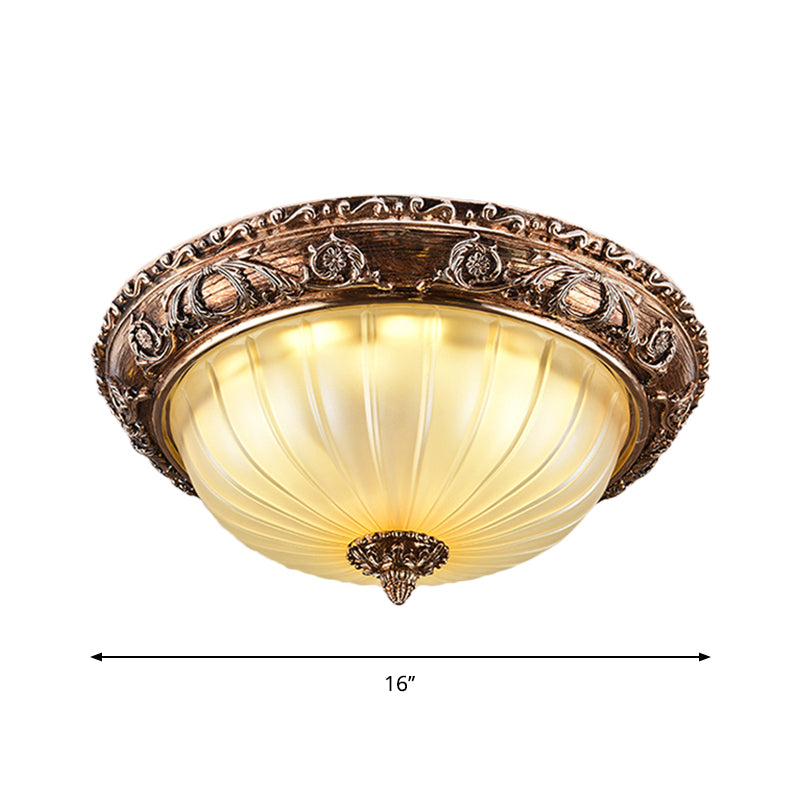 Ribbed Frosted Glass Led Flush Mount Ceiling Light In Traditional Brown - 14/16/19.5