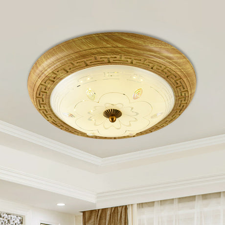Simple Wooden Led Flushmount Ceiling Light With Dome Glass Shade - Yellow-Brown Circle 14/19.5 W /
