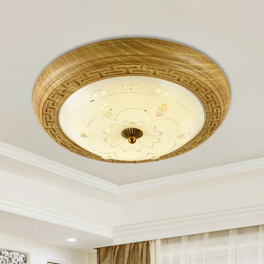 Simple Wooden Led Flushmount Ceiling Light With Dome Glass Shade - Yellow-Brown Circle 14/19.5 W /