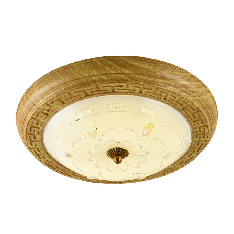 Simple Wooden Led Flushmount Ceiling Light With Dome Glass Shade - Yellow - Brown Circle 14’/19.5’ W