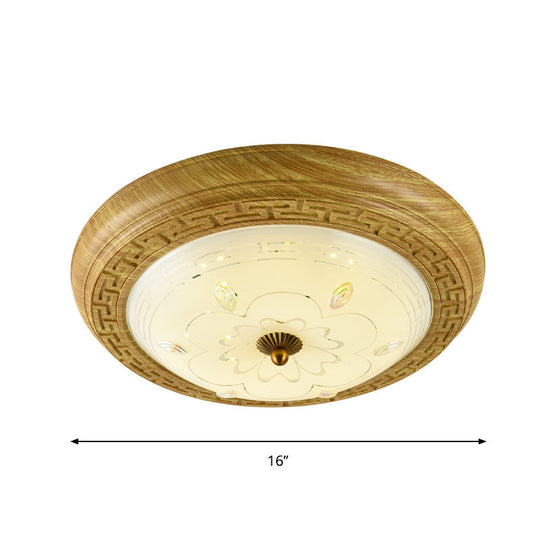 Simple Wooden Led Flushmount Ceiling Light With Dome Glass Shade - Yellow - Brown Circle 14’/19.5’ W