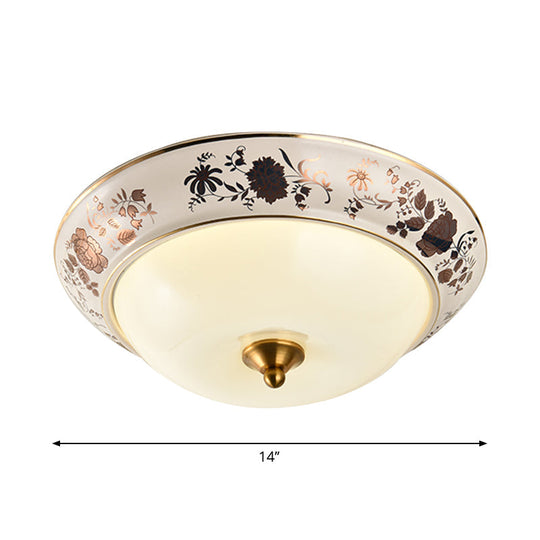 Retro Frosted Glass Led Ceiling Fixture - Hemisphere Hall White Flush Mount Light 12’/14’/18’ Width