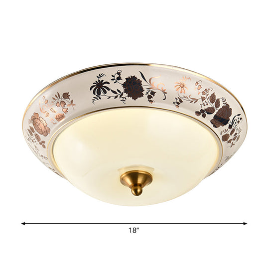 Retro Frosted Glass Led Ceiling Fixture - Hemisphere Hall White Flush Mount Light 12’/14’/18’ Width