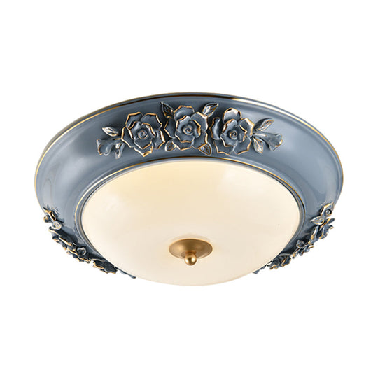 Ceramic Carved Rose Led Ceiling Lamp In Blue With White Glass Shade - Available 12’/14’/18’