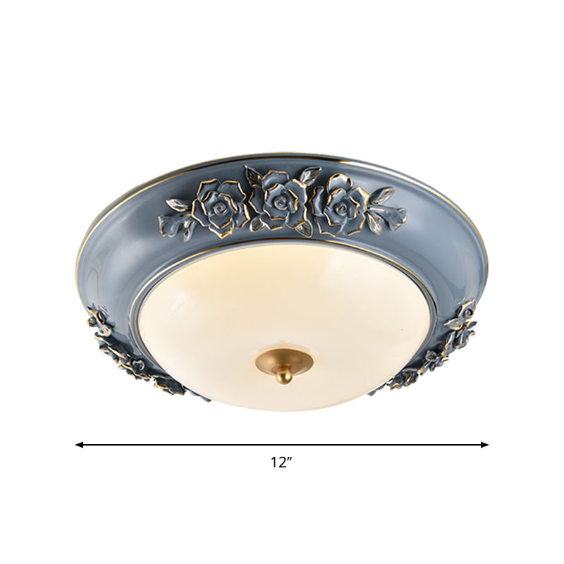Ceramic Carved Rose Led Ceiling Lamp In Blue With White Glass Shade - Available 12’/14’/18’