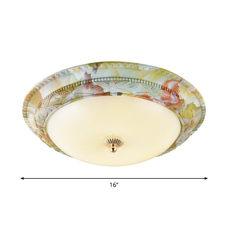 Rustic Opal Glass Tiered Ceiling Lamp - Led Flush Mount Light Fixture In White - Green For Living