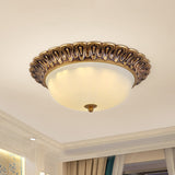 Vintage Milk Glass Ceiling Light - Hemispherical Design Brass Finish 3-Light Flush Mount For Bedroom