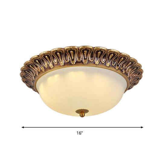 Vintage Milk Glass Ceiling Light - Hemispherical Design Brass Finish 3-Light Flush Mount For Bedroom