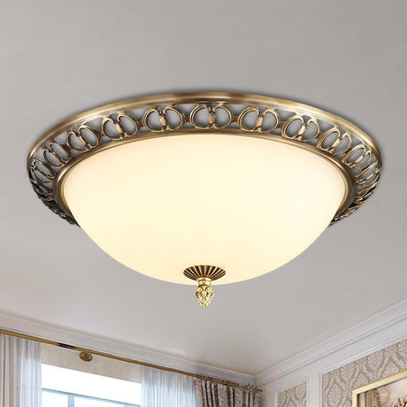 Antique Style Brass Finish 2-Head Ceiling Mount Light With Frosted Glass Dome - 13/15/19.5 Wide / 13