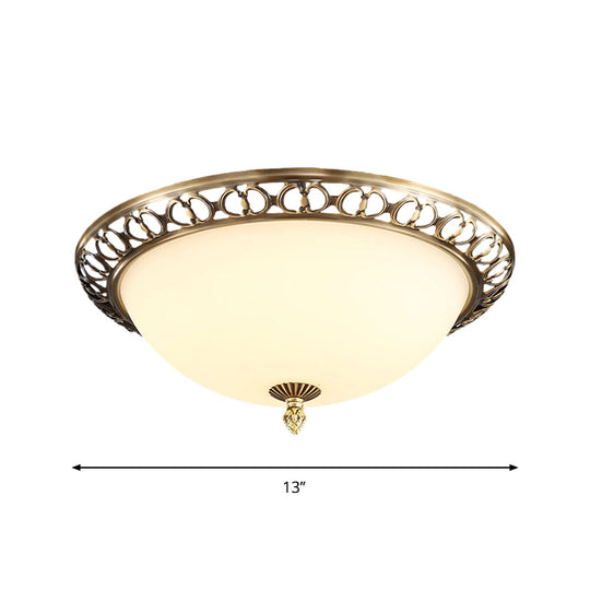 Antique Style Brass Finish 2-Head Ceiling Mount Light With Frosted Glass Dome - 13/15/19.5 Wide