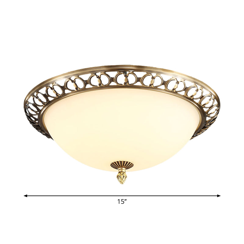 Antique Style Brass Finish 2 - Head Ceiling Mount Light With Frosted Glass Dome - 13’/15’/19.5’ Wide