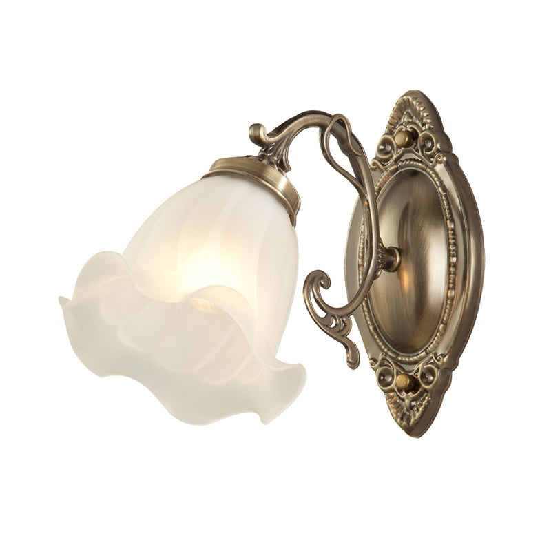 Frosted White Glass Ruffle Sconce Light - Traditional Corner Wall Mount In Bronze/Copper