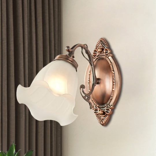 Frosted White Glass Ruffle Sconce Light - Traditional Corner Wall Mount In Bronze/Copper