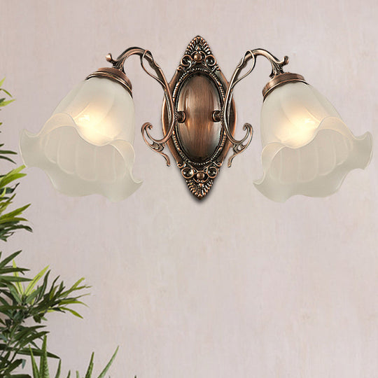 Frosted White Glass Ruffle Sconce Light - Traditional Corner Wall Mount In Bronze/Copper