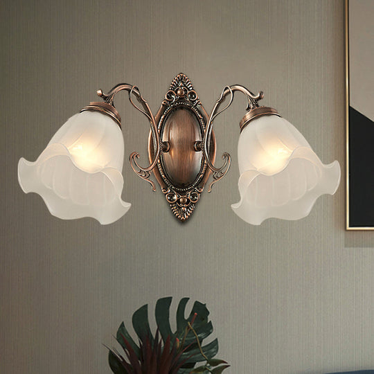 Frosted White Glass Ruffle Sconce Light - Traditional Corner Wall Mount In Bronze/Copper