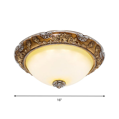 Dome Tan Glass Shade Flush Ceiling Light Fixture Led Bedroom Lamp In Brown - Traditional Style