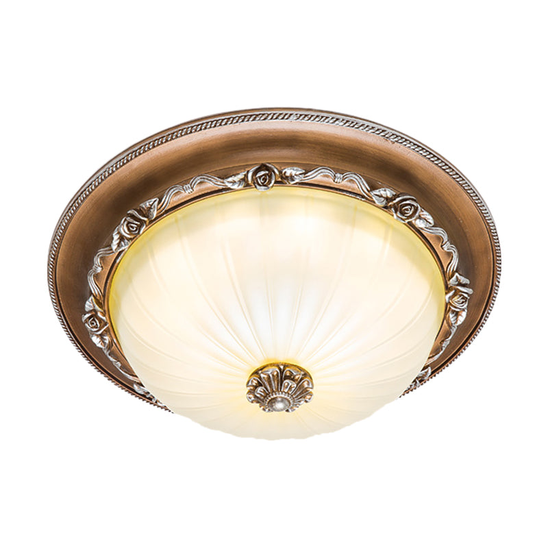 Ribbed Glass Brown Flush Ceiling Light With Domed Shade - Led Farmhouse Flushmount Lamp (14/16/19.5