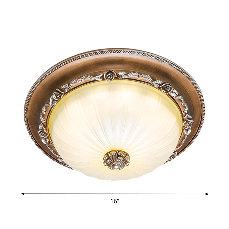 Ribbed Glass Brown Flush Ceiling Light With Domed Shade - Led Farmhouse Flushmount Lamp (14/16/19.5
