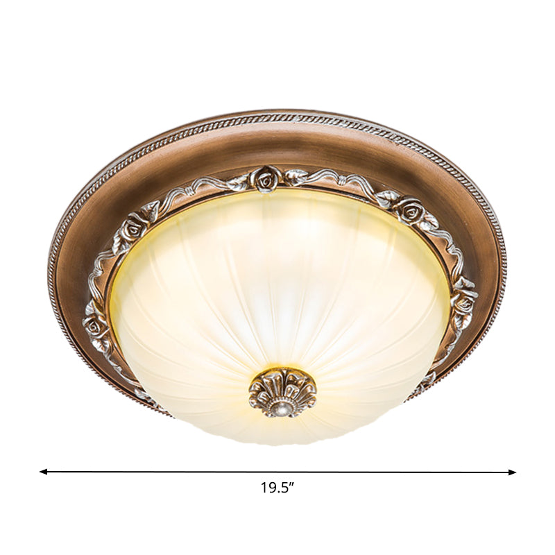 Ribbed Glass Brown Flush Ceiling Light With Domed Shade - Led Farmhouse Flushmount Lamp (14/16/19.5