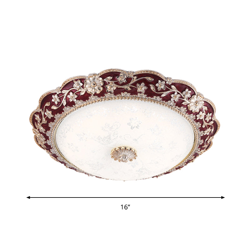 Country Style Veined Glass Flush Mount Ceiling Lamp In Dark Red Led - Sizes: 12’/16’/19.5