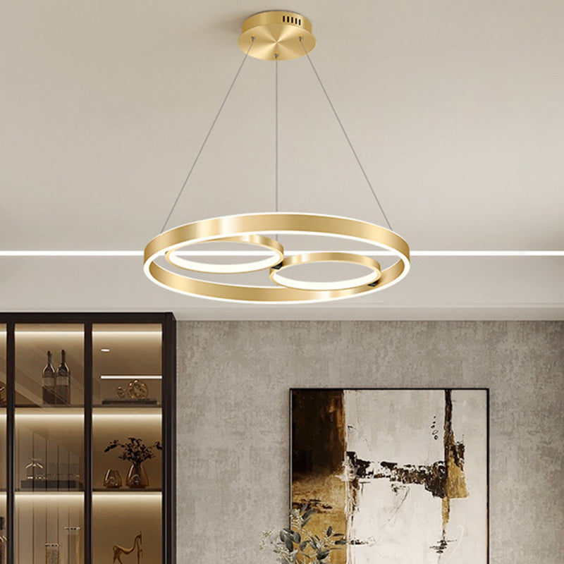 Golden Metallic Led Chandelier Light For Dining Room - Simplicity 3-Ring Ceiling Hang Fixture