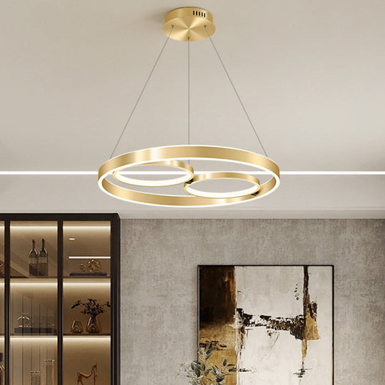 Golden Metallic Led Chandelier Light For Dining Room - Simplicity 3-Ring Ceiling Hang Fixture