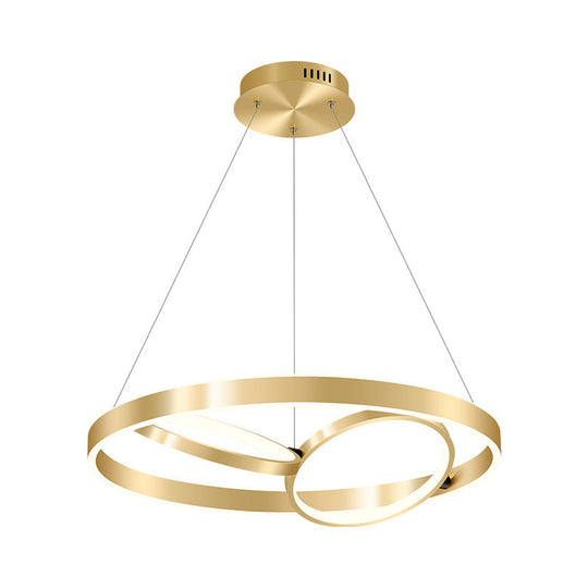 Golden Metallic Led Chandelier Light For Dining Room - Simplicity 3-Ring Ceiling Hang Fixture